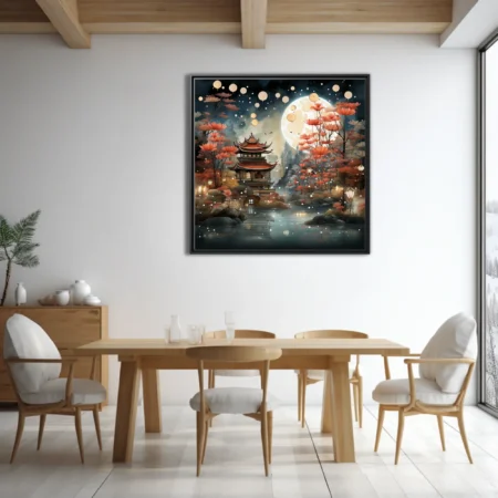Watercolor-style East Asian pagoda at night with glowing lanterns, red florals, and full moon