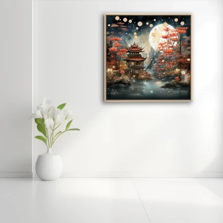 Watercolor-style East Asian pagoda at night with glowing lanterns, red florals, and full moon