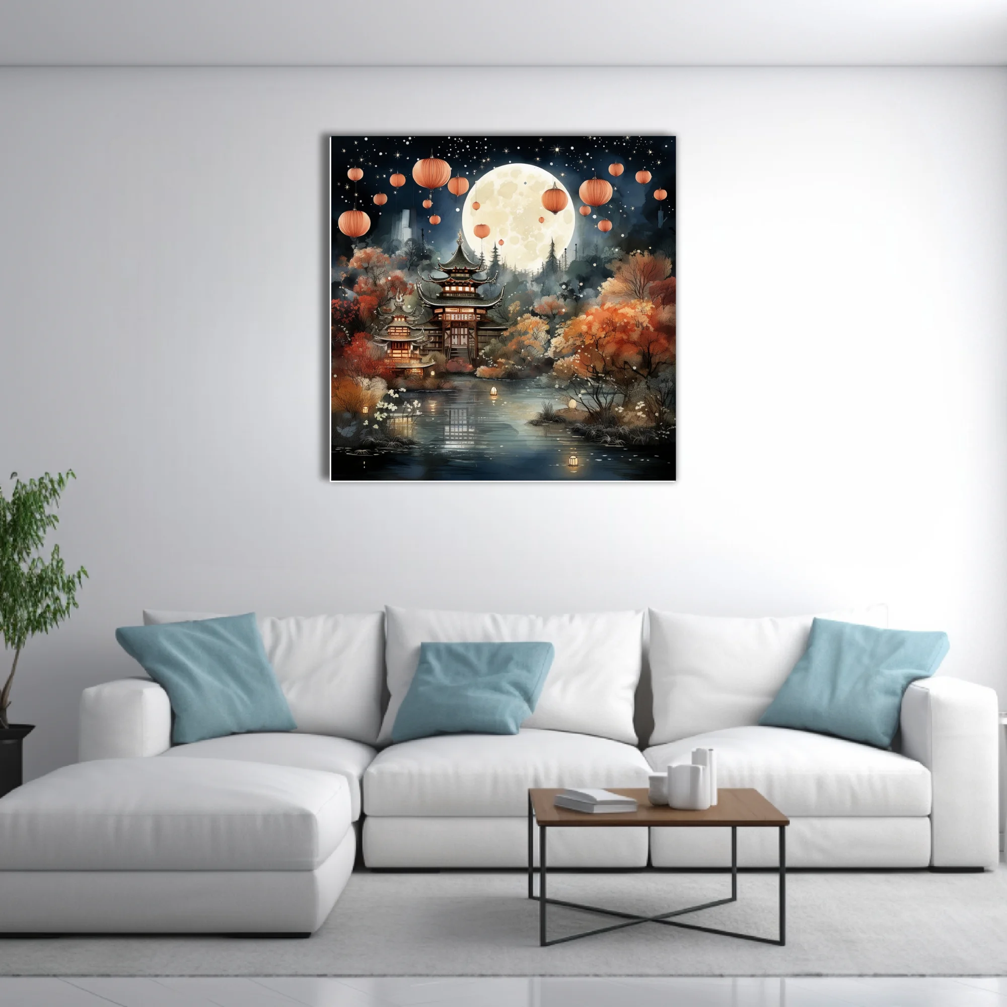 Chinese ink-wash-style pagoda night scene with lanterns, full moon, autumn foliage