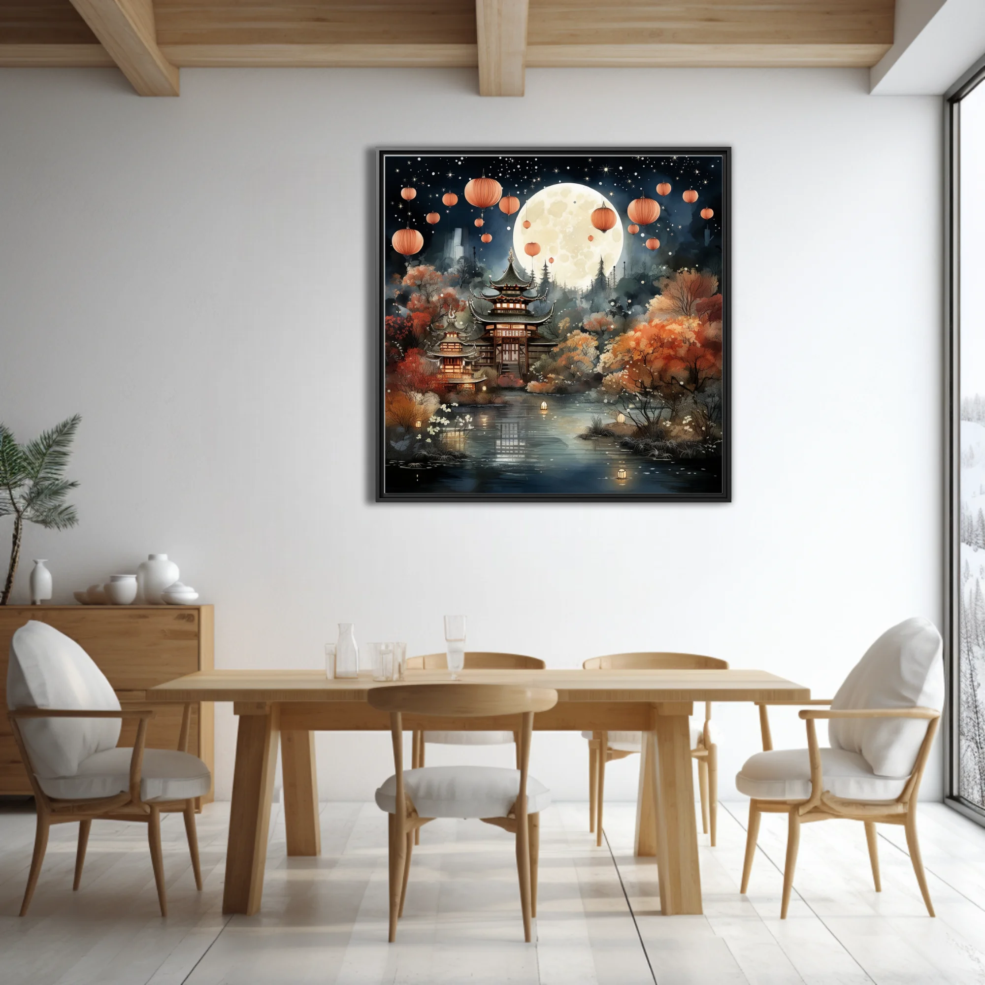 Chinese ink-wash-style pagoda night scene with lanterns, full moon, autumn foliage
