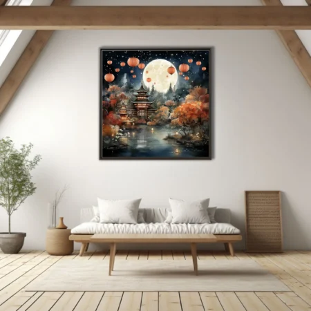 Chinese ink-wash-style pagoda night scene with lanterns, full moon, autumn foliage