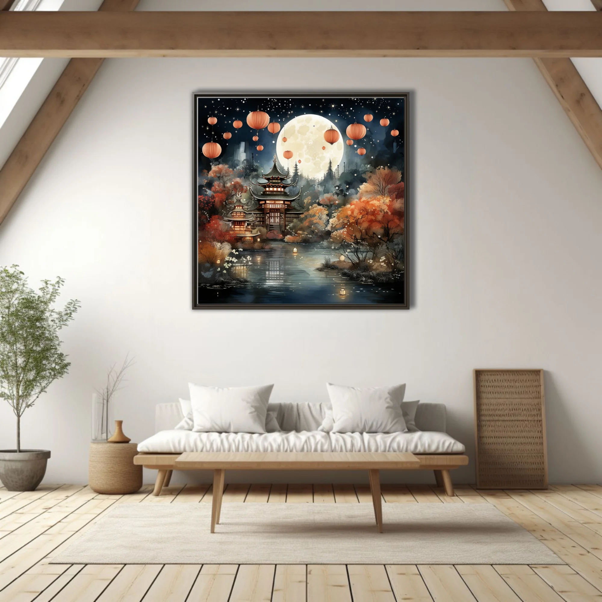 Chinese ink-wash-style pagoda night scene with lanterns, full moon, autumn foliage