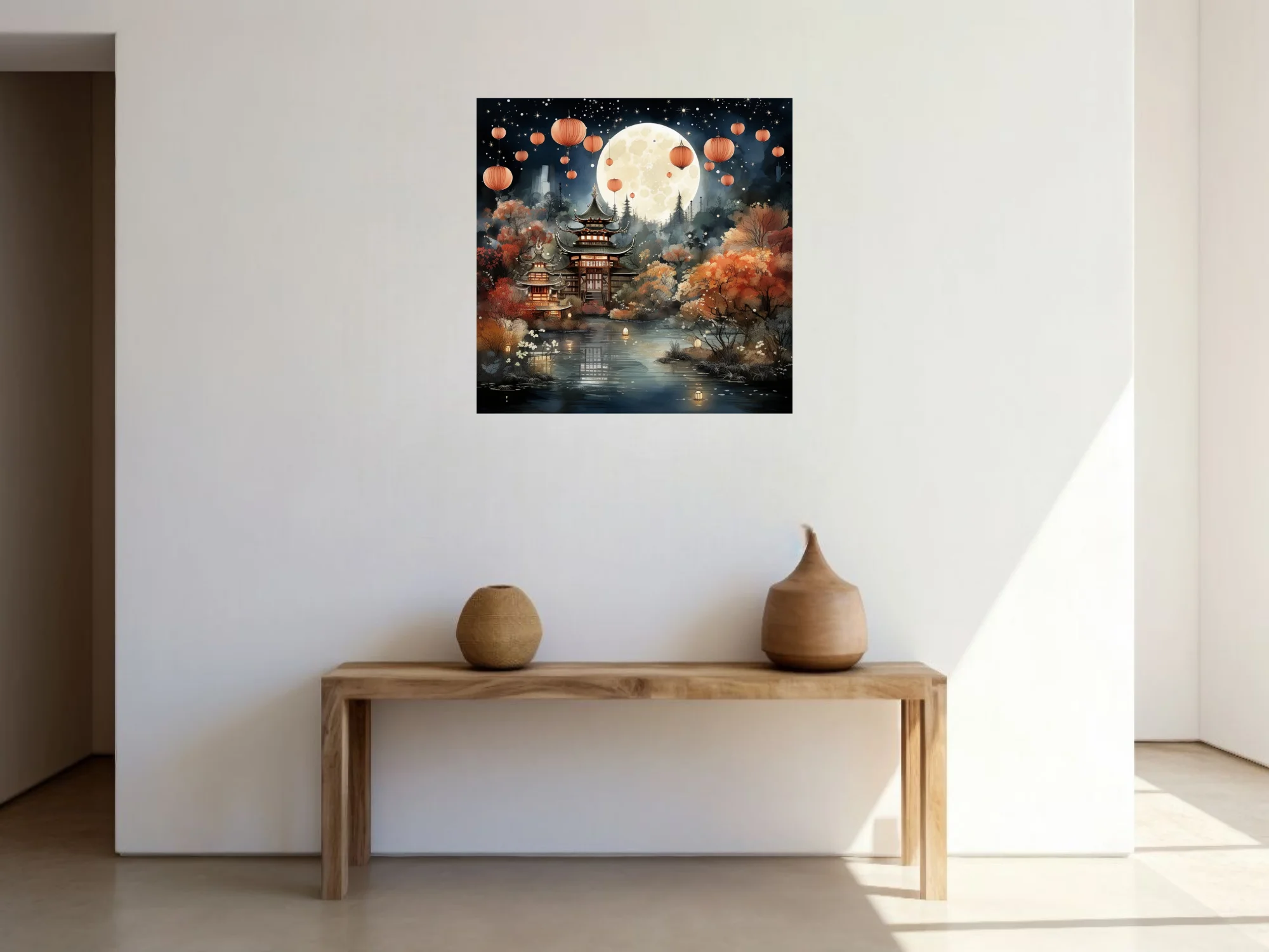 Chinese ink-wash-style pagoda night scene with lanterns, full moon, autumn foliage