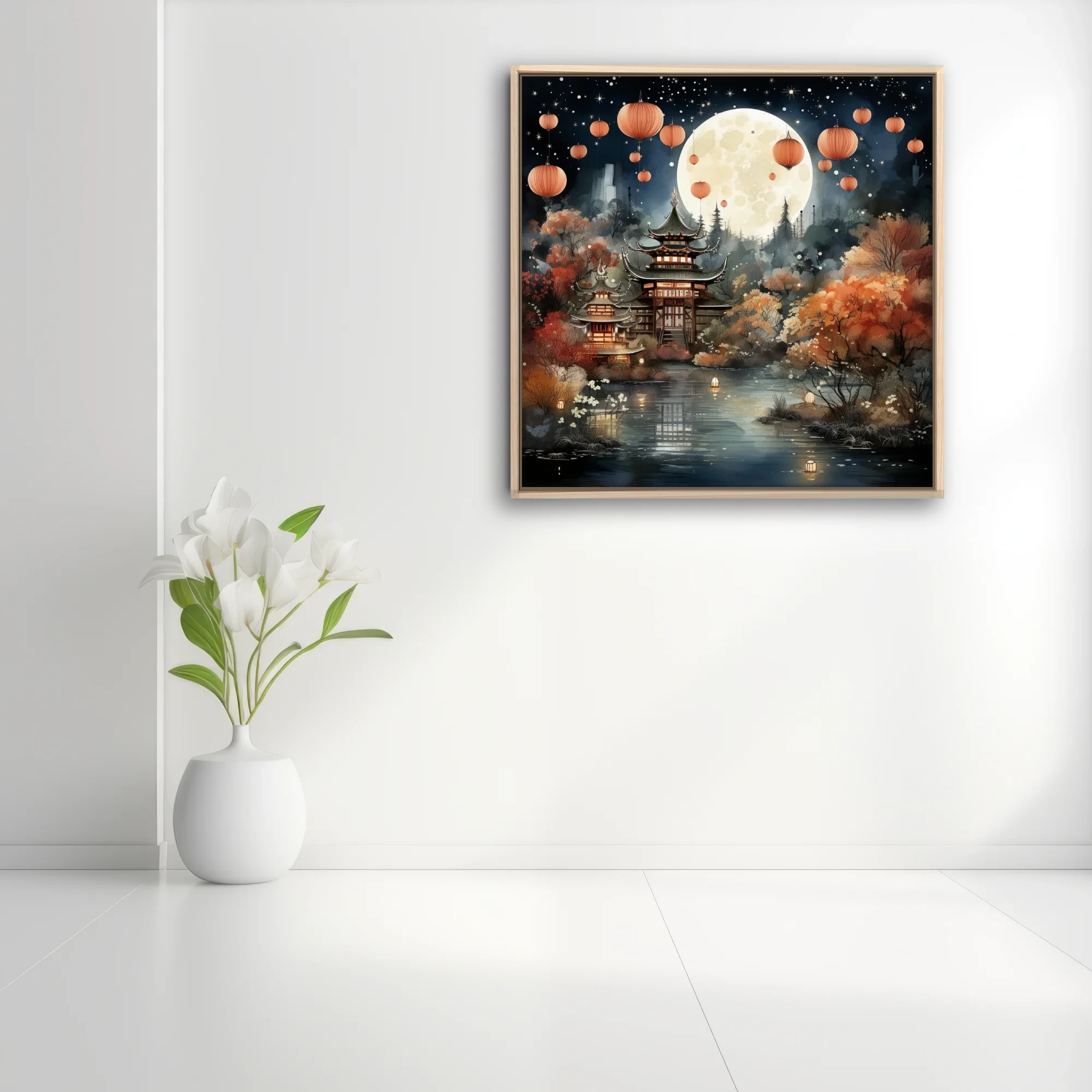 Chinese ink-wash-style pagoda night scene with lanterns, full moon, autumn foliage