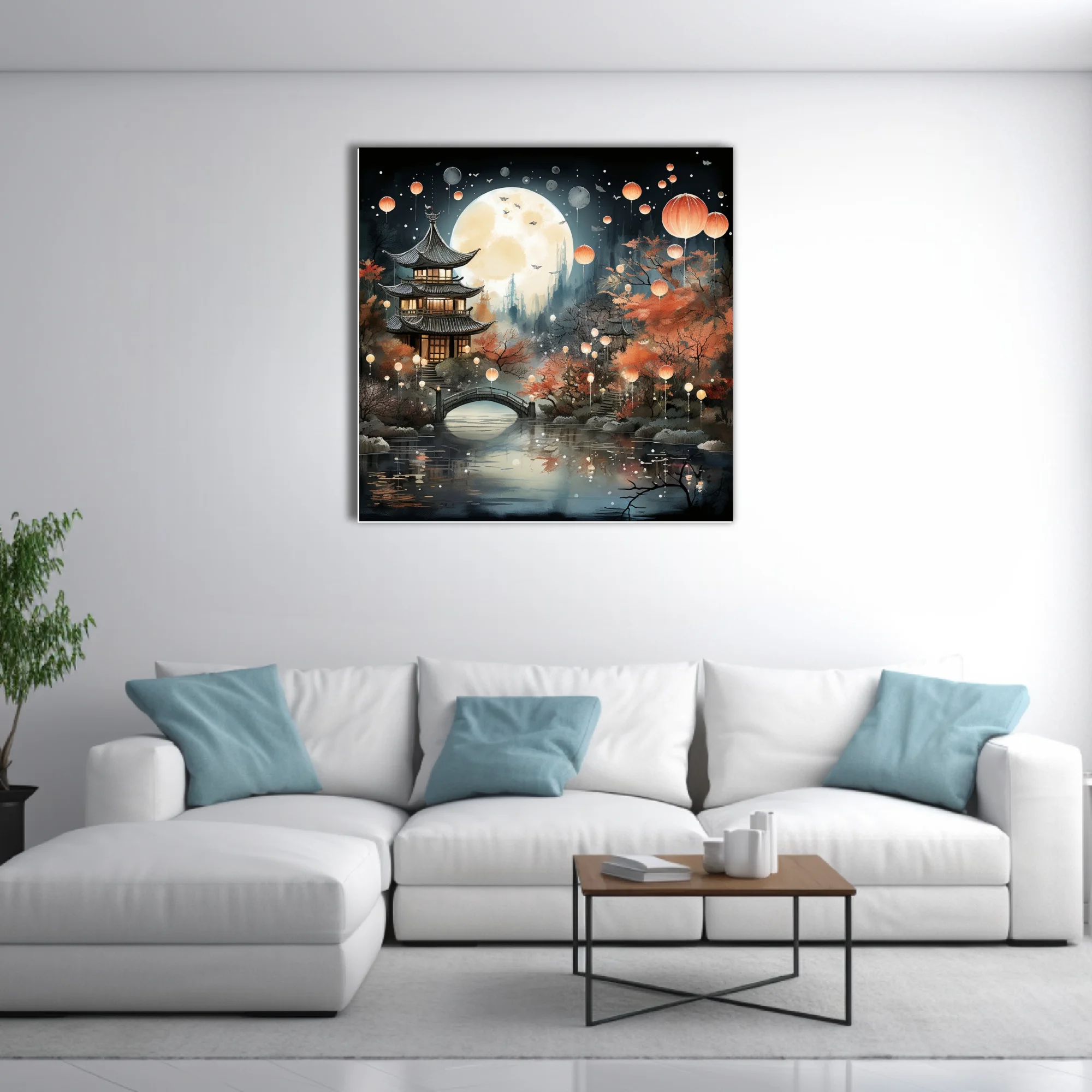 Chinese ink-style lantern festival night scene with pagoda, autumn trees, and glowing lanterns