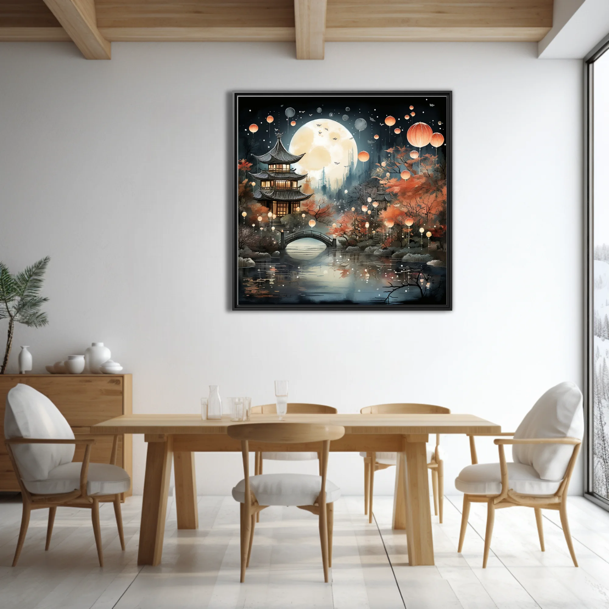 Chinese ink-style lantern festival night scene with pagoda, autumn trees, and glowing lanterns