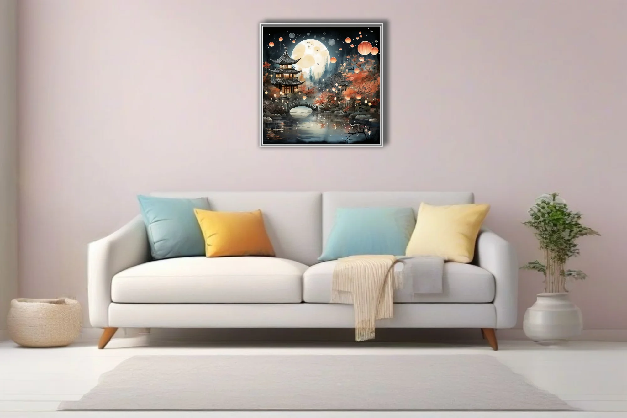 Chinese ink-style lantern festival night scene with pagoda, autumn trees, and glowing lanterns