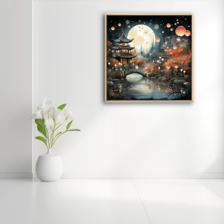 Chinese ink-style lantern festival night scene with pagoda, autumn trees, and glowing lanterns
