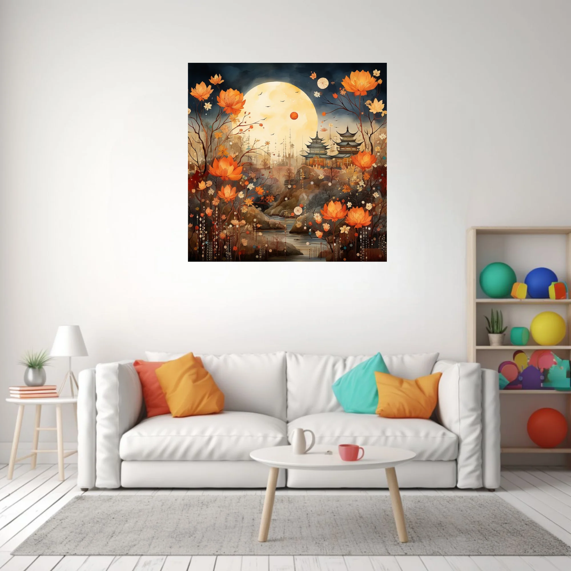 Chinese-inspired fantasy landscape with pagoda, full moon, and orange lotus florals
