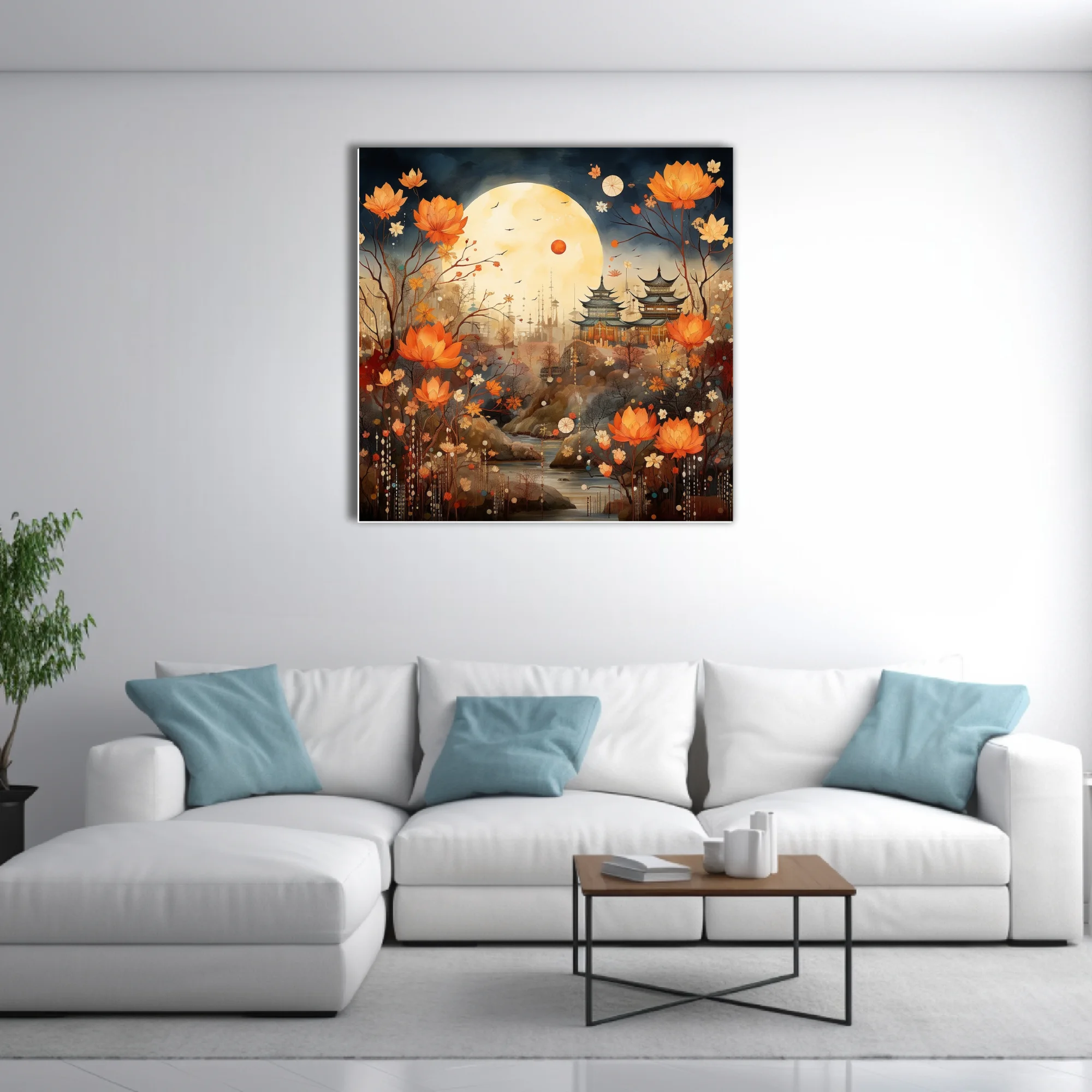 Chinese-inspired fantasy landscape with pagoda, full moon, and orange lotus florals
