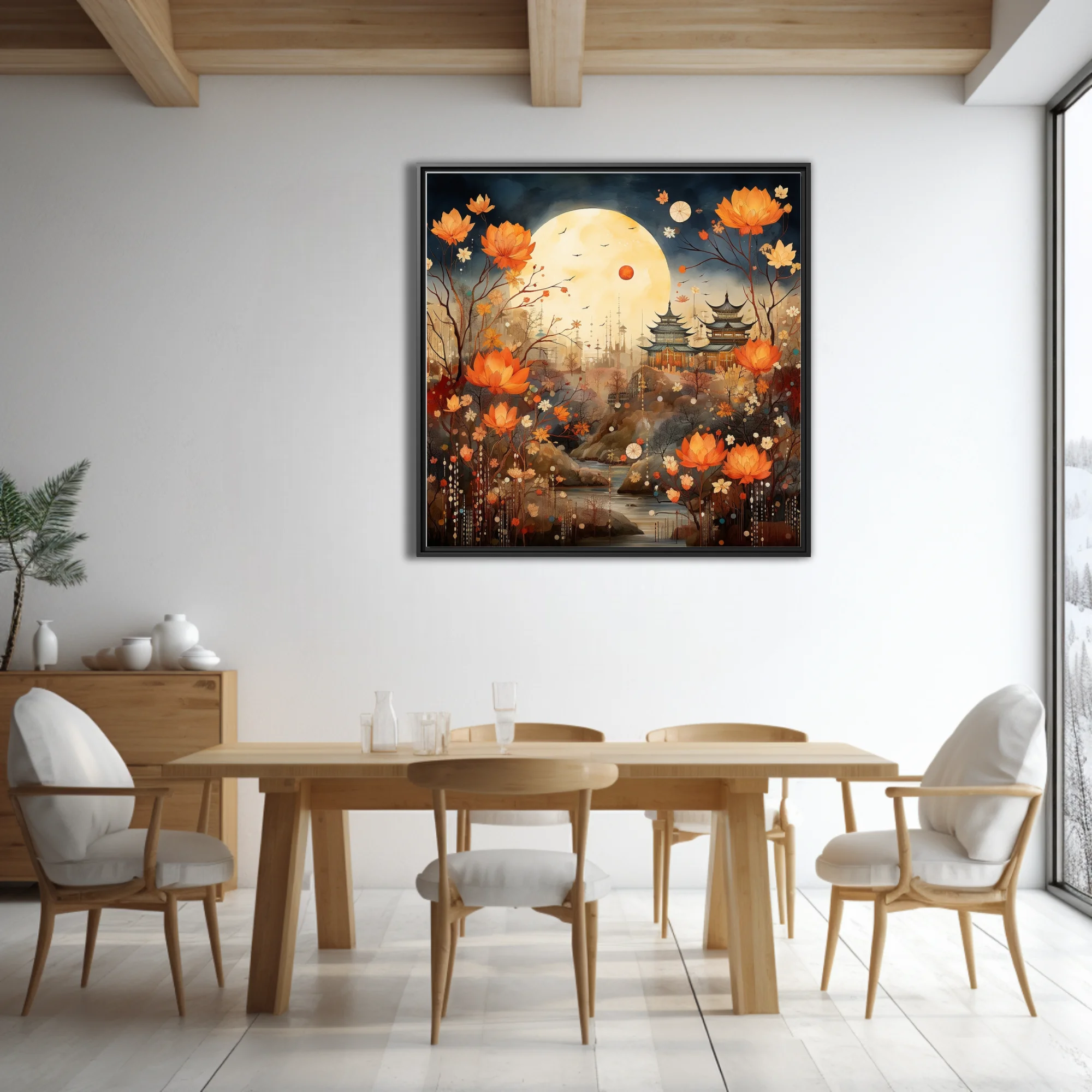 Chinese-inspired fantasy landscape with pagoda, full moon, and orange lotus florals