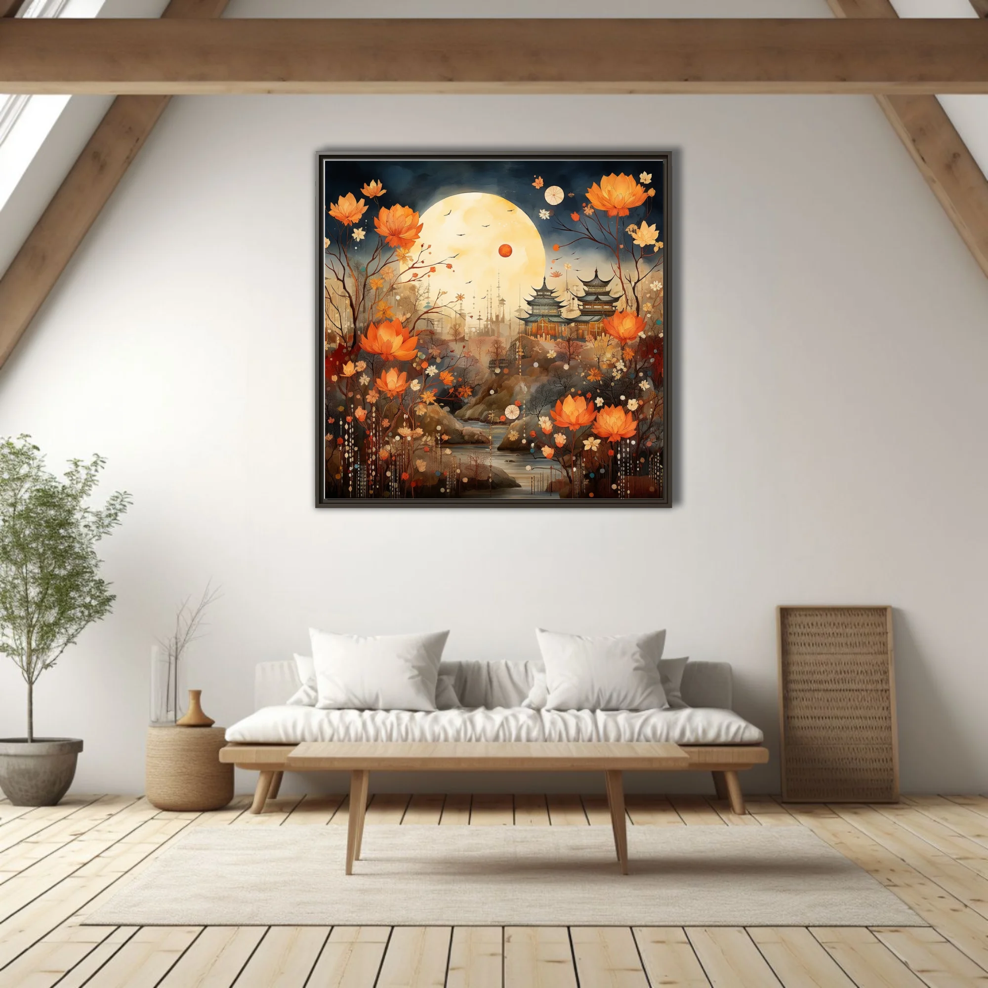 Chinese-inspired fantasy landscape with pagoda, full moon, and orange lotus florals