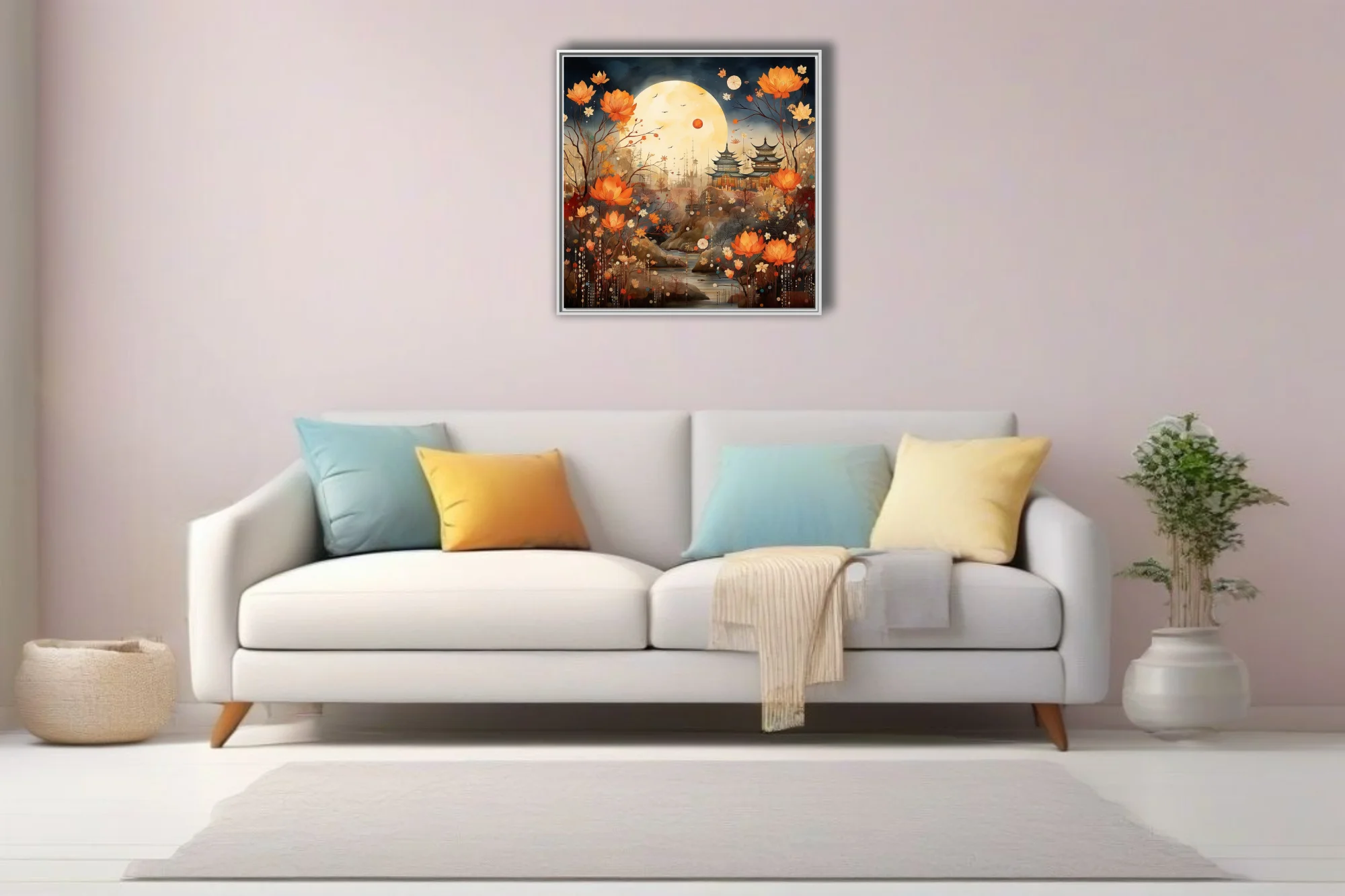 Chinese-inspired fantasy landscape with pagoda, full moon, and orange lotus florals