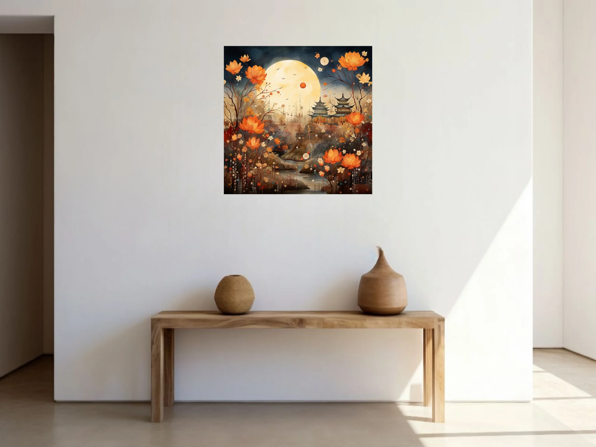 Chinese-inspired fantasy landscape with pagoda, full moon, and orange lotus florals
