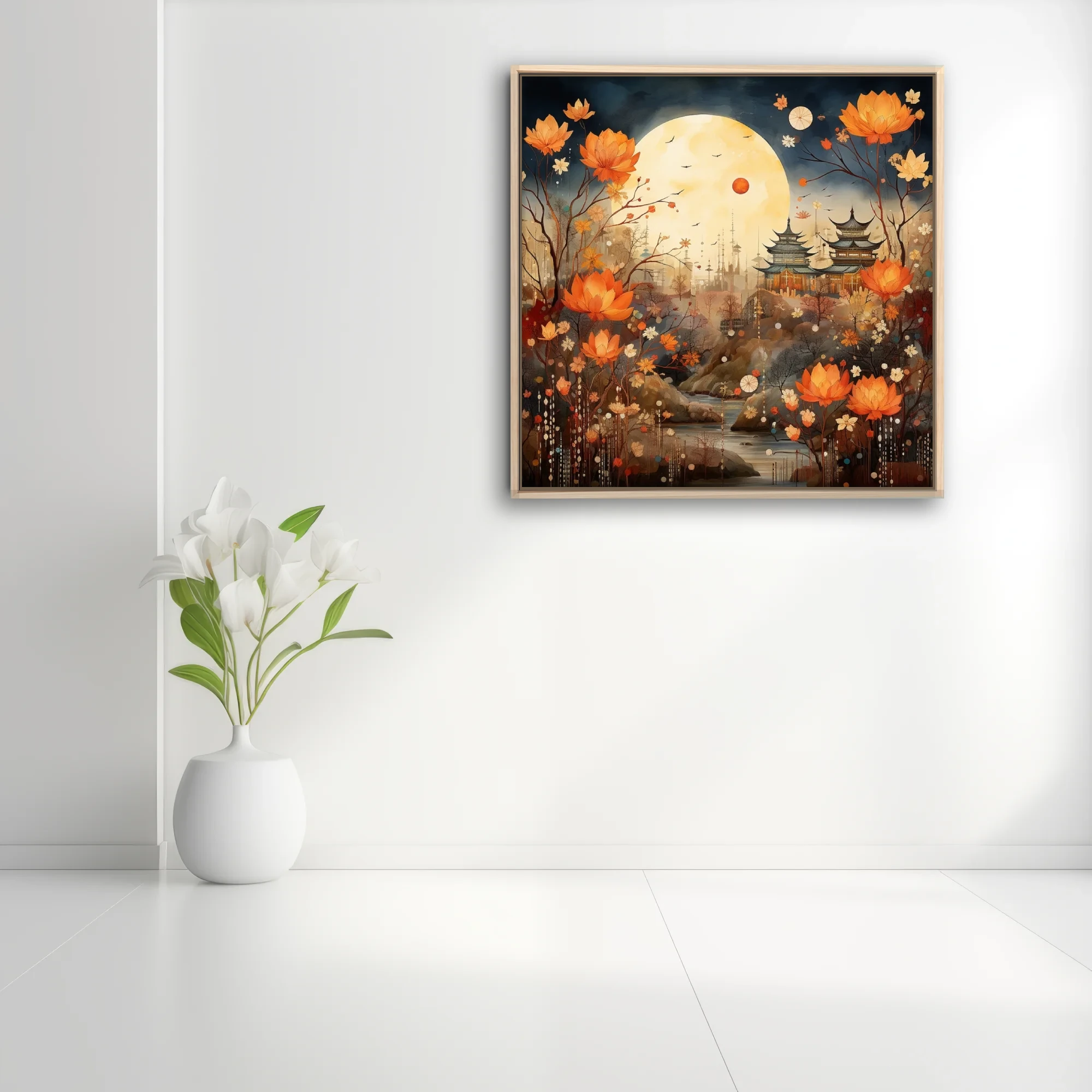 Chinese-inspired fantasy landscape with pagoda, full moon, and orange lotus florals