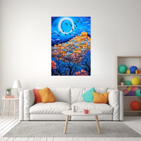 Whimsical folk-art Mediterranean hillside city at night with moon, birds and blossoms in blue and gold