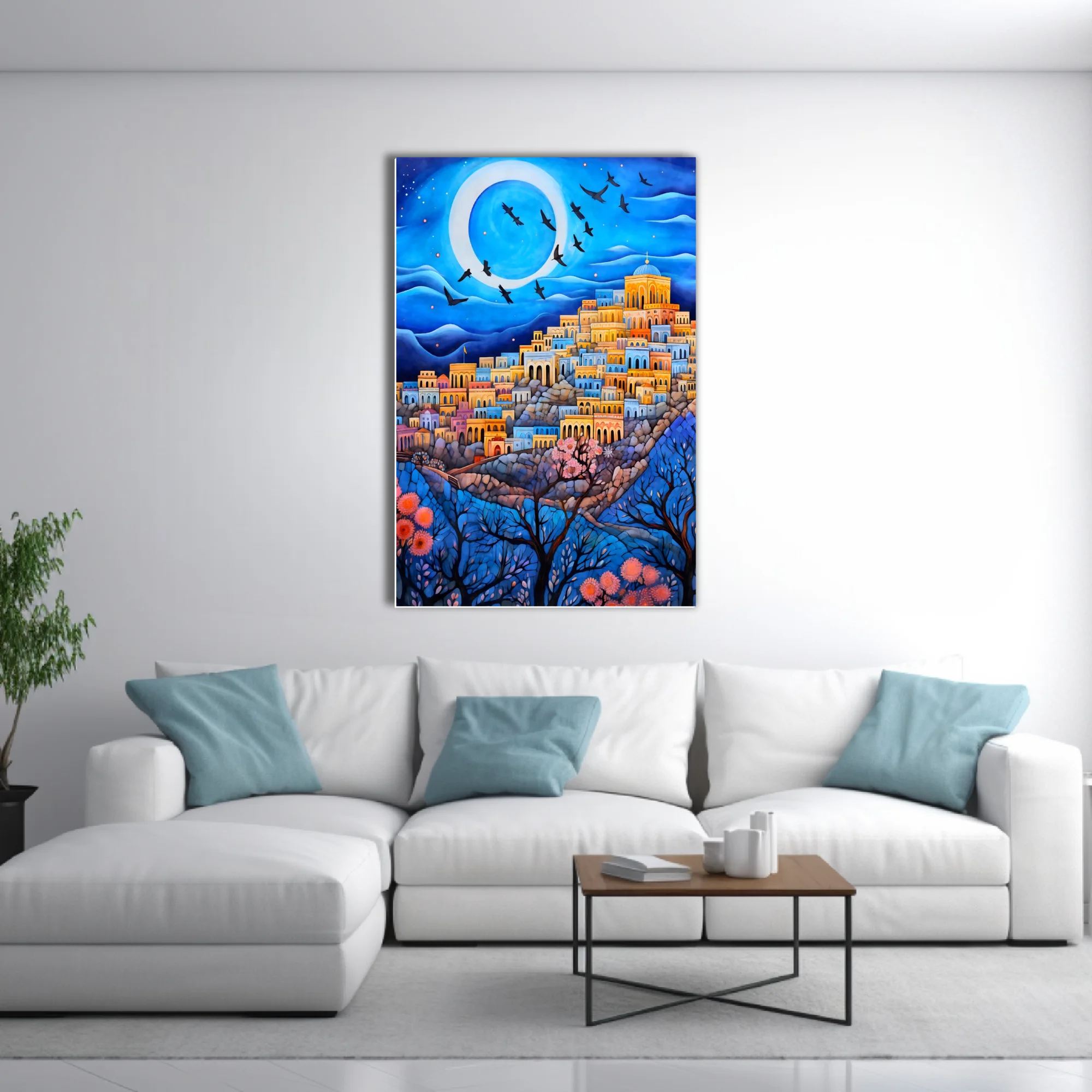 Whimsical folk-art Mediterranean hillside city at night with moon, birds and blossoms in blue and gold