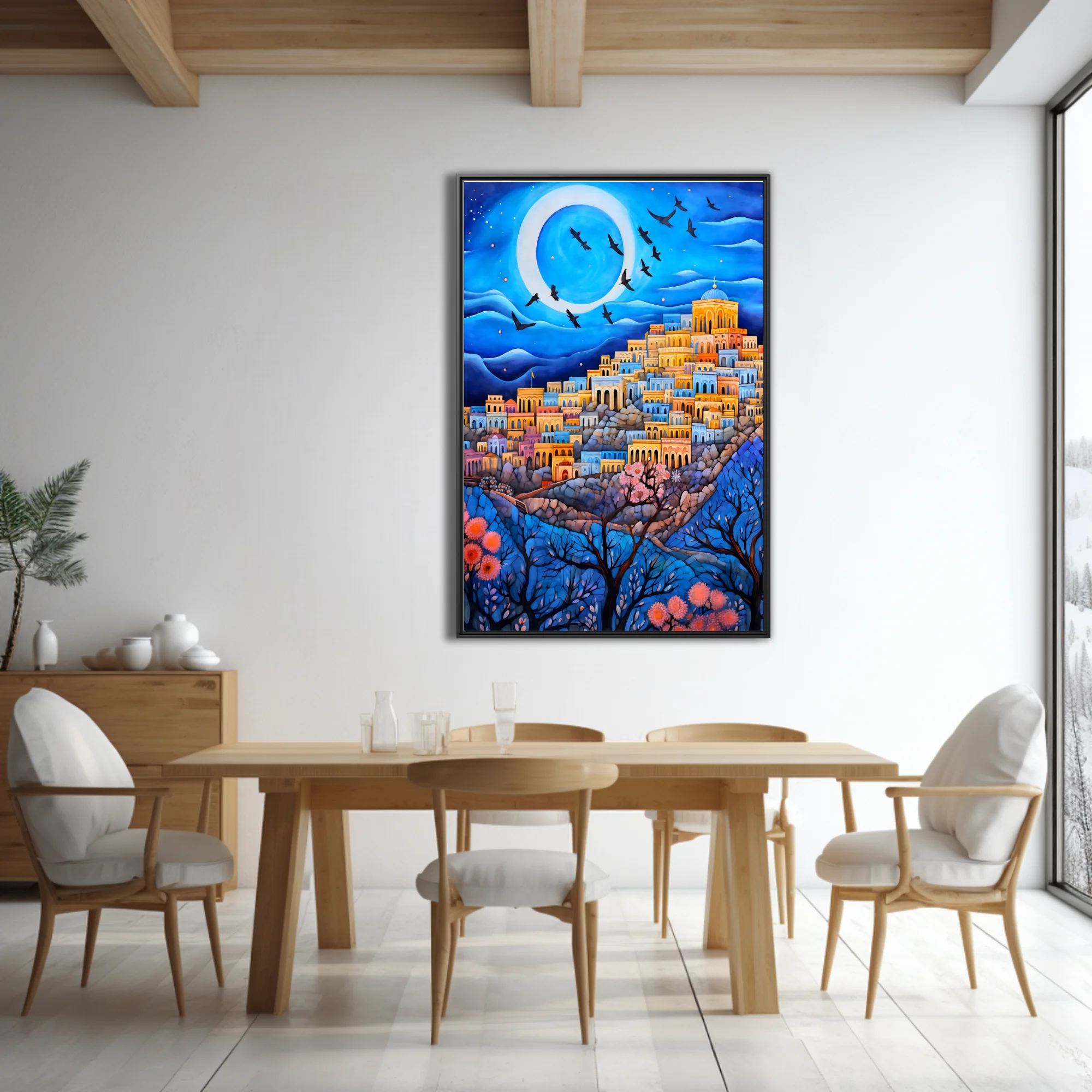 Whimsical folk-art Mediterranean hillside city at night with moon, birds and blossoms in blue and gold