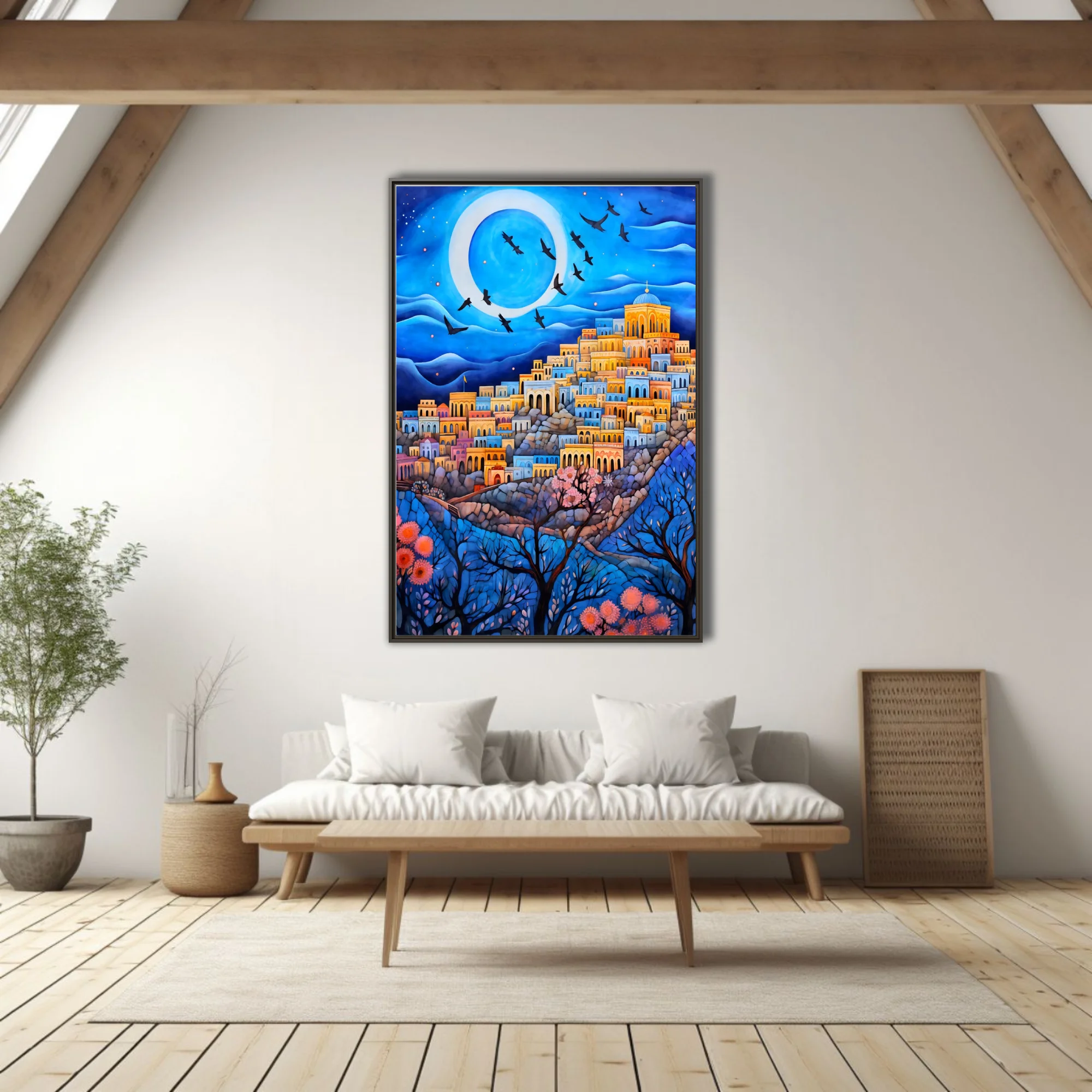 Whimsical folk-art Mediterranean hillside city at night with moon, birds and blossoms in blue and gold