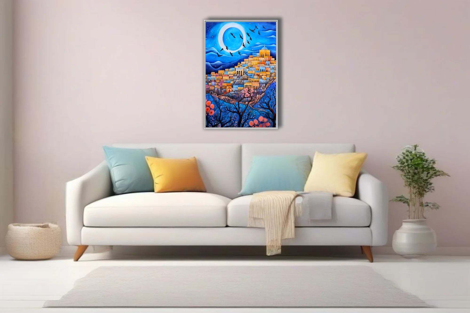 Whimsical folk-art Mediterranean hillside city at night with moon, birds and blossoms in blue and gold