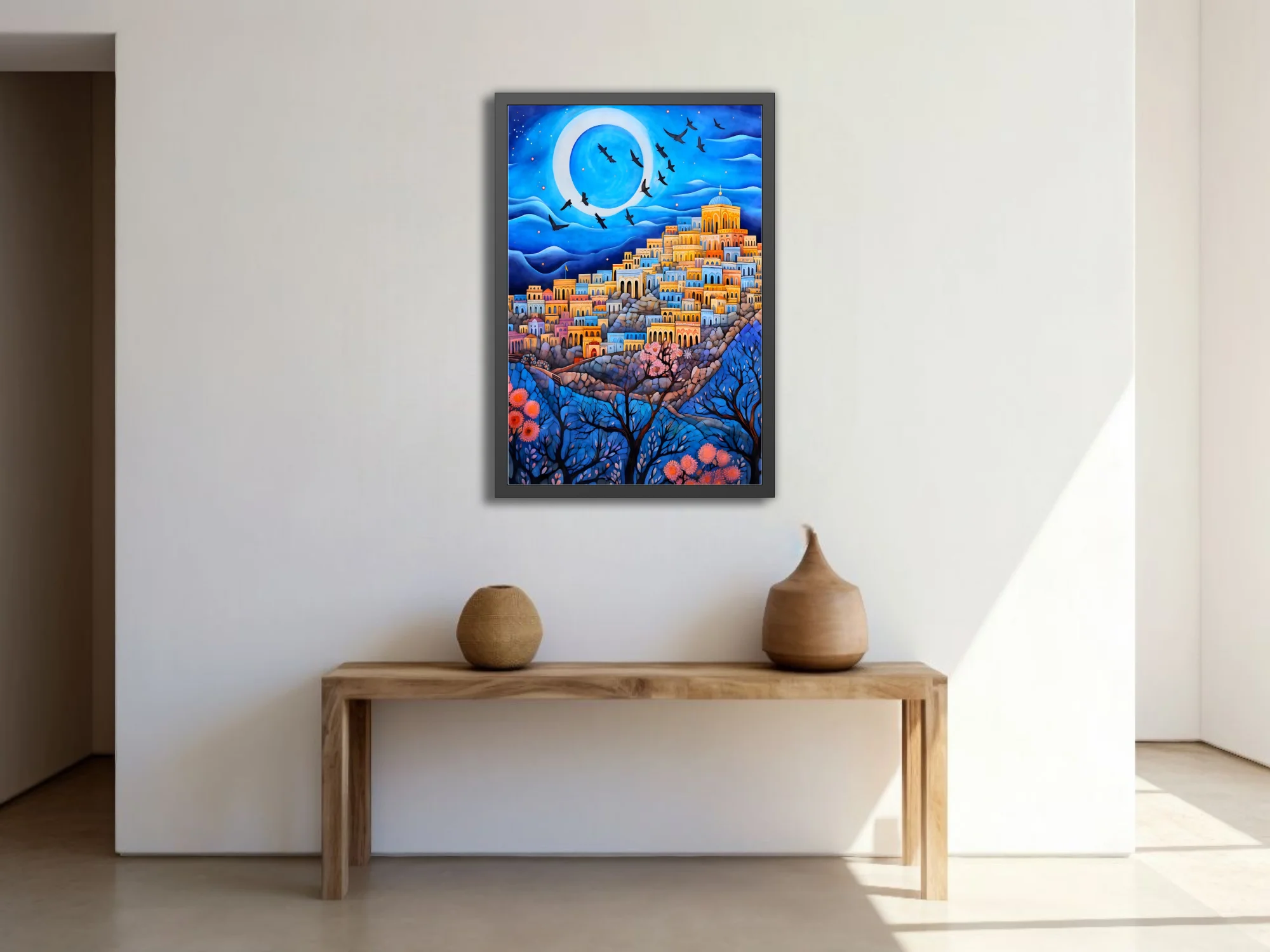 Whimsical folk-art Mediterranean hillside city at night with moon, birds and blossoms in blue and gold