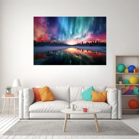 Aurora borealis winter landscape with teal, magenta, and snow reflections