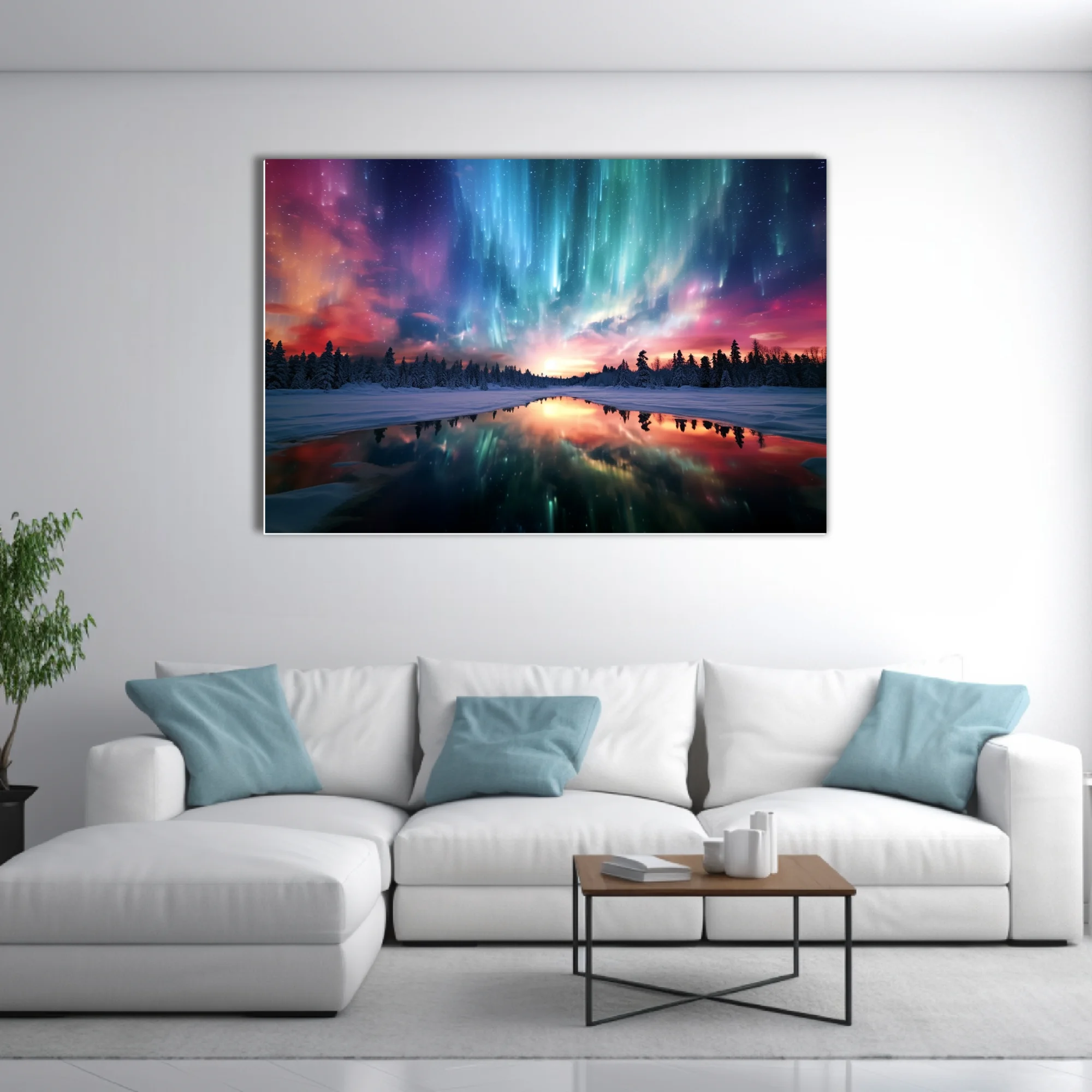 Aurora borealis winter landscape with teal, magenta, and snow reflections