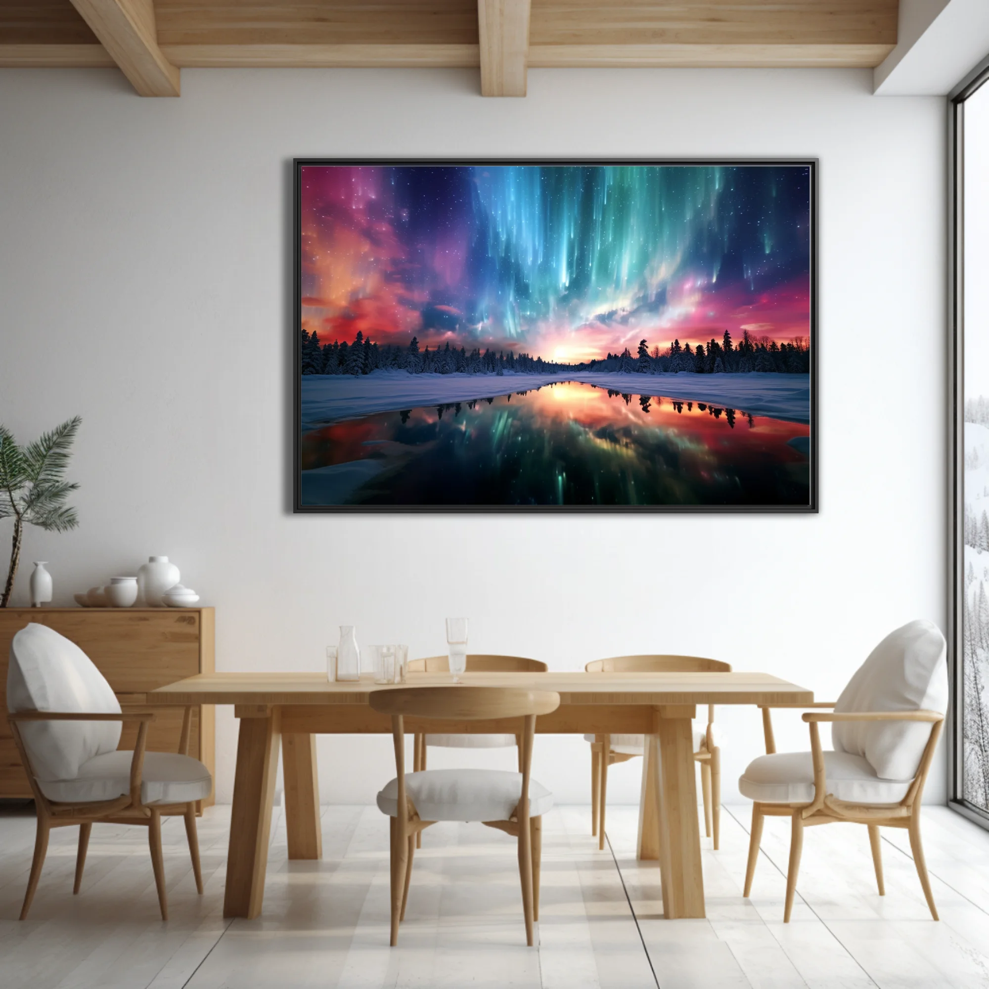 Aurora borealis winter landscape with teal, magenta, and snow reflections