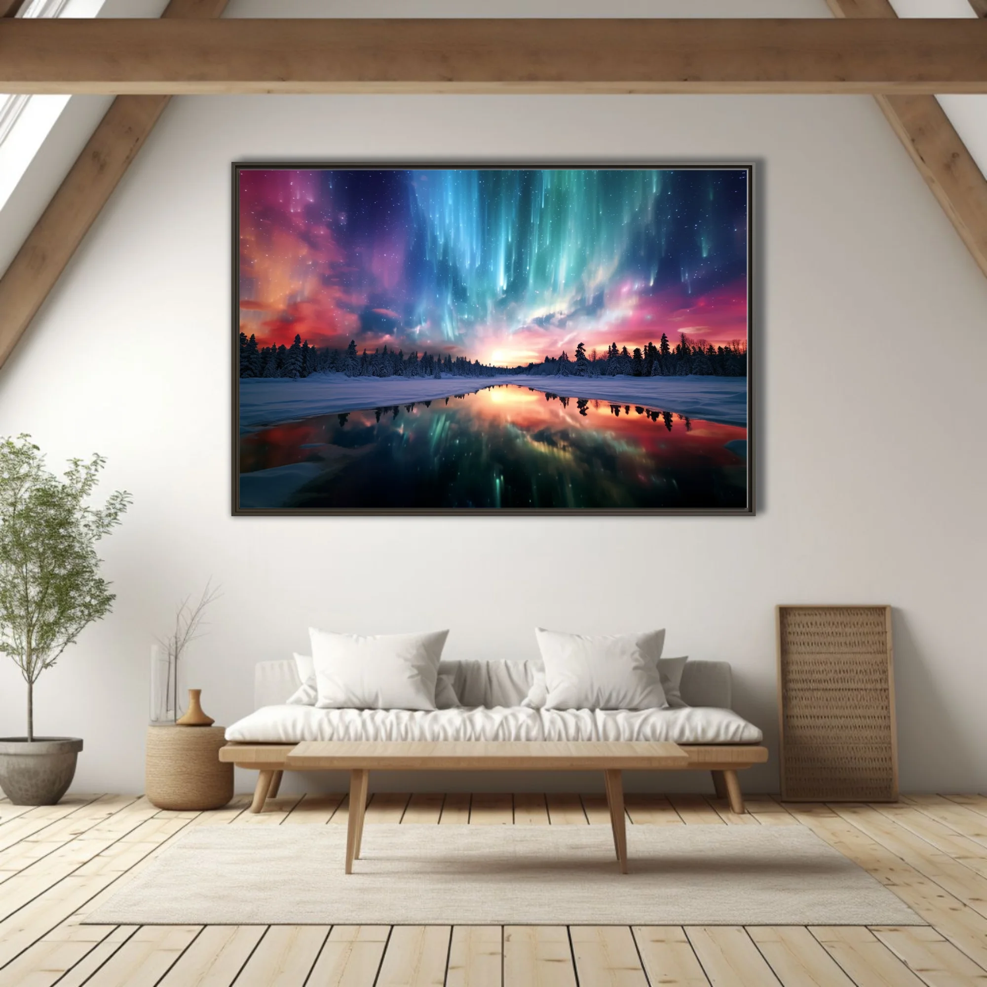 Aurora borealis winter landscape with teal, magenta, and snow reflections