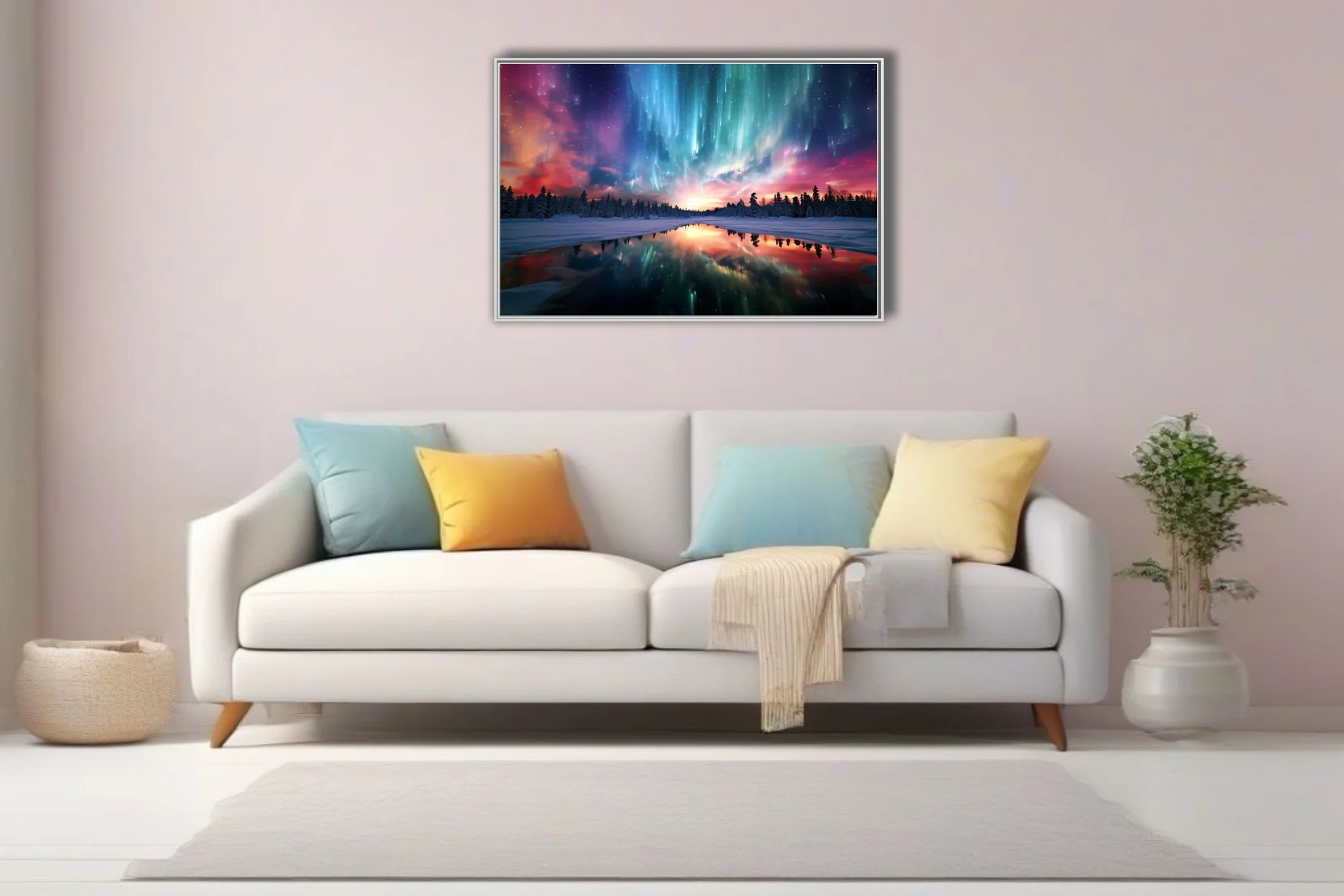 Aurora borealis winter landscape with teal, magenta, and snow reflections