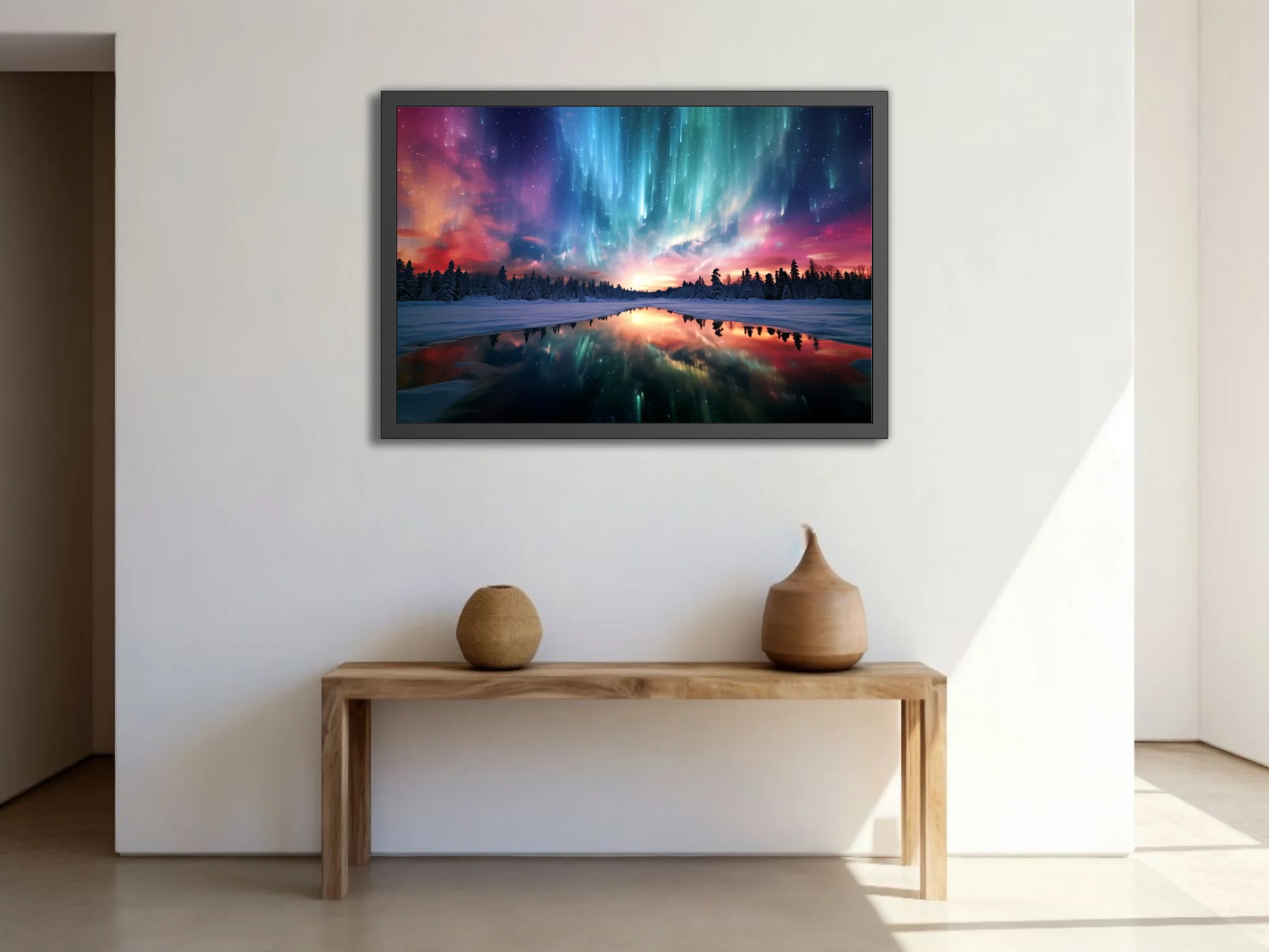 Aurora borealis winter landscape with teal, magenta, and snow reflections