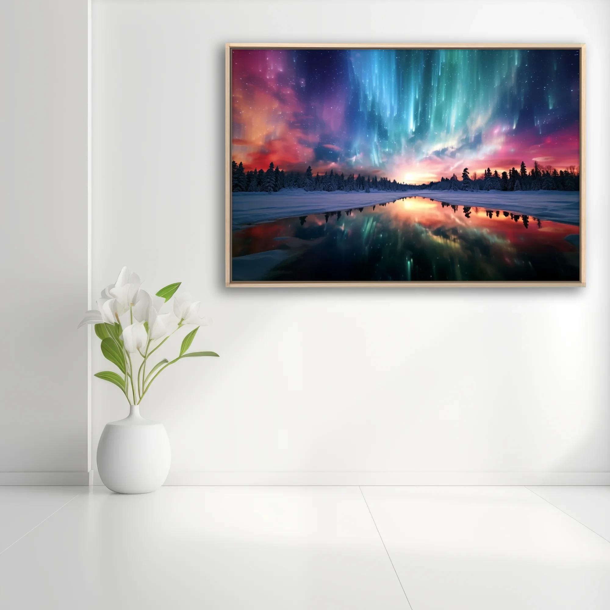 Aurora borealis winter landscape with teal, magenta, and snow reflections
