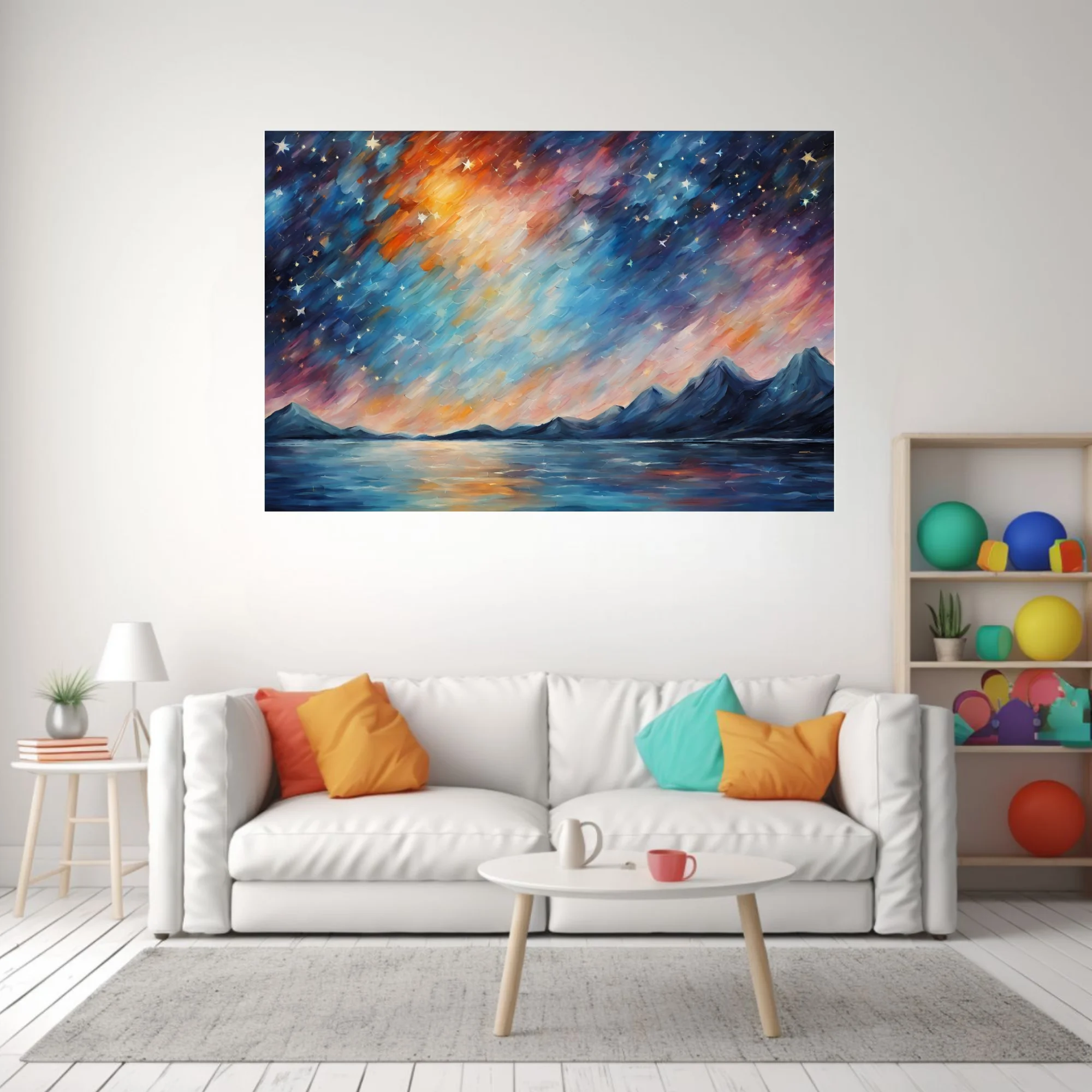 Painterly starry night sky over mountains and lake, cobalt and ember-orange landscape