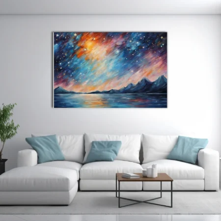 Painterly starry night sky over mountains and lake, cobalt and ember-orange landscape