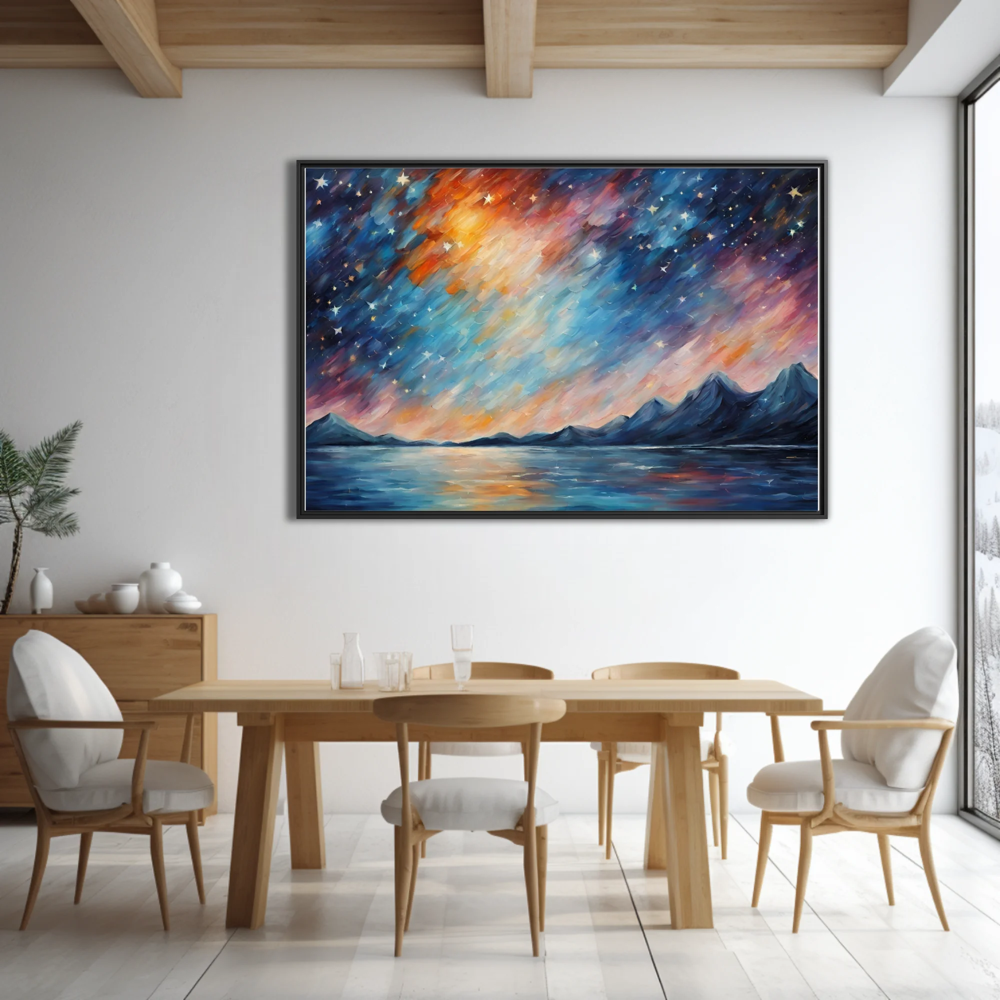 Painterly starry night sky over mountains and lake, cobalt and ember-orange landscape