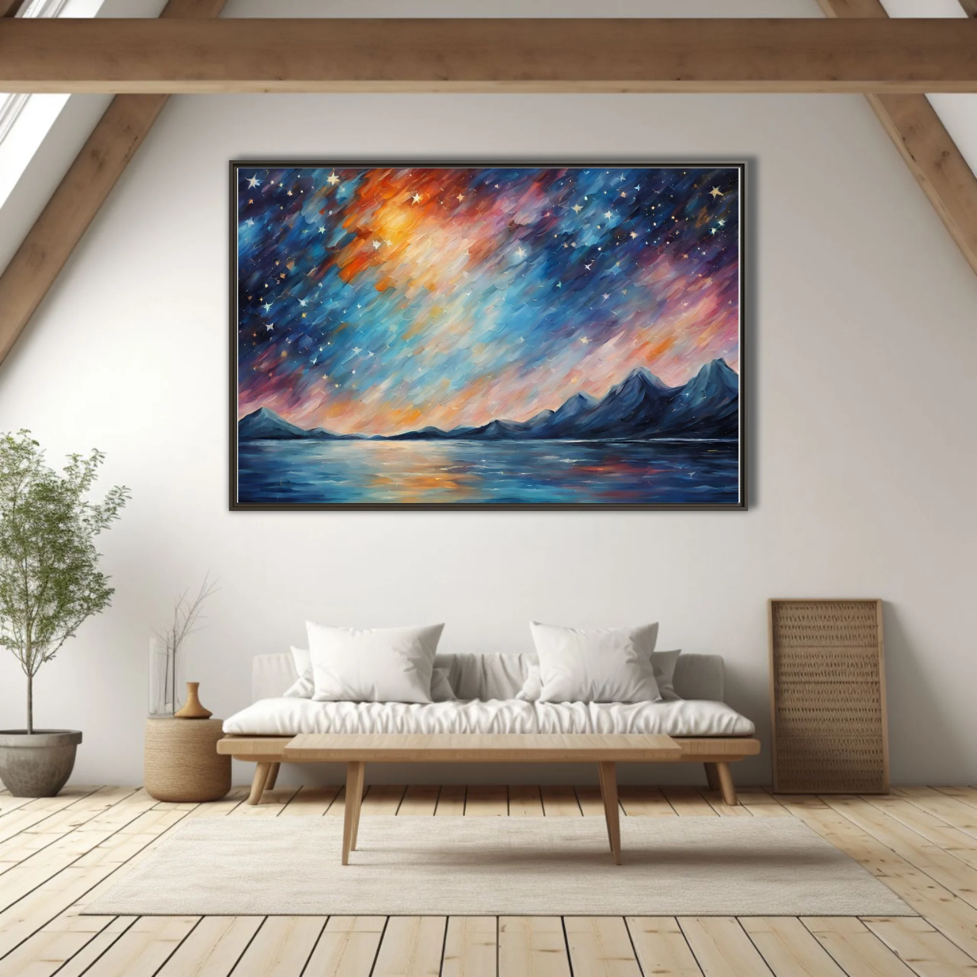Painterly starry night sky over mountains and lake, cobalt and ember-orange landscape