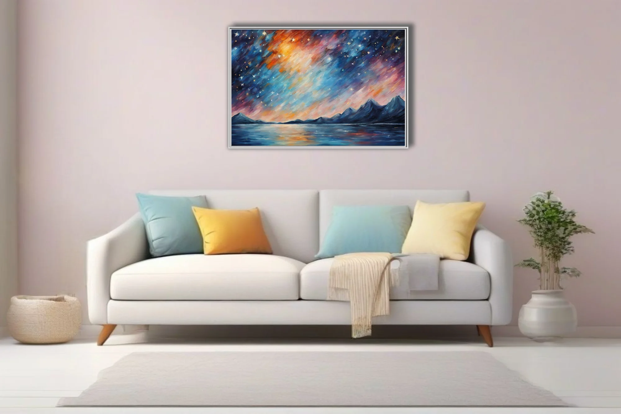 Painterly starry night sky over mountains and lake, cobalt and ember-orange landscape