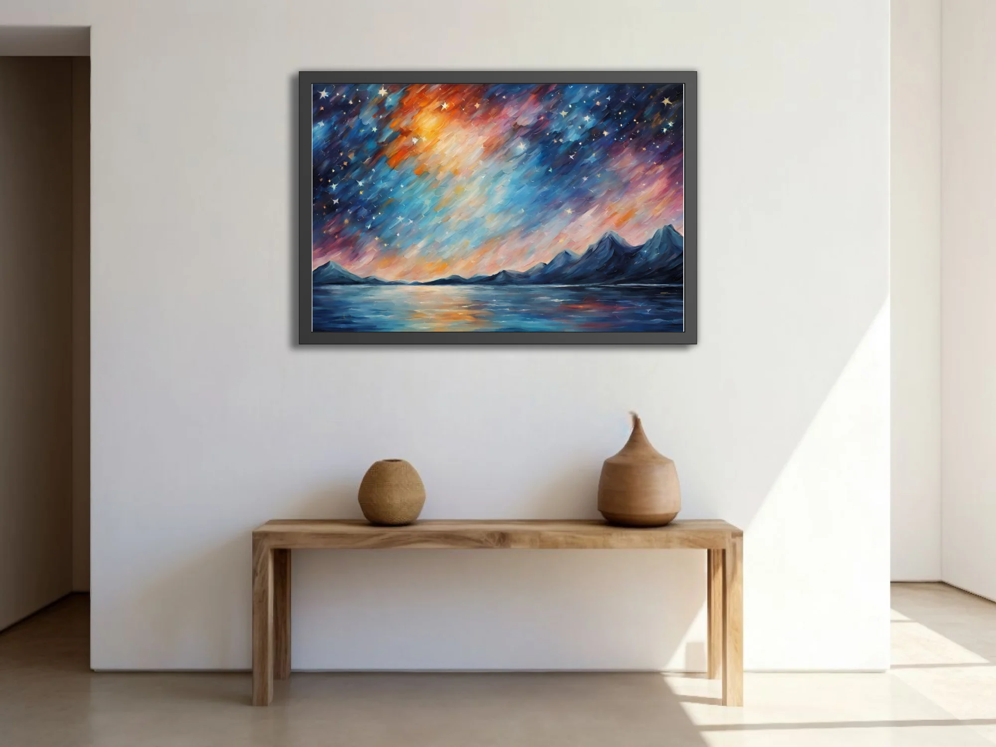 Painterly starry night sky over mountains and lake, cobalt and ember-orange landscape