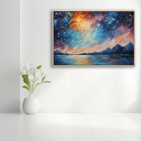 Painterly starry night sky over mountains and lake, cobalt and ember-orange landscape