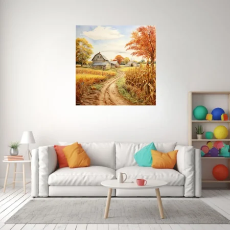 Watercolor-style autumn farm scene with dirt path, corn field, and russet foliage