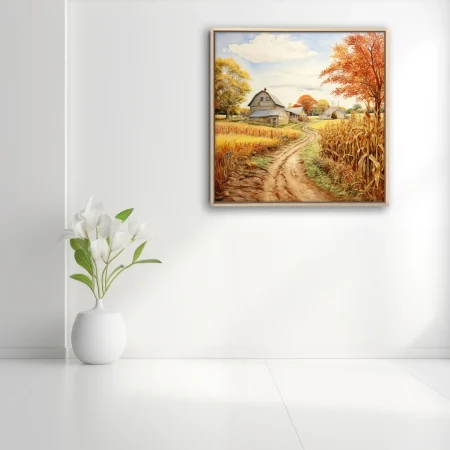Watercolor-style autumn farm scene with dirt path, corn field, and russet foliage