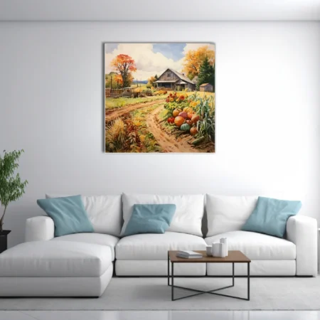 Watercolor-style autumn farm landscape with barn, pumpkins, corn, and fiery foliage in warm earthy tones