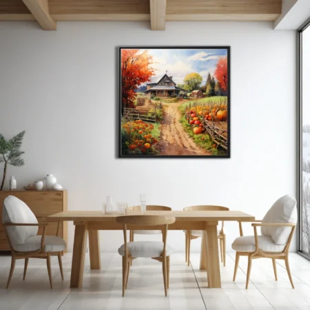 Watercolor-style autumn farm scene with pumpkins, marigolds, dirt path, and rustic barn