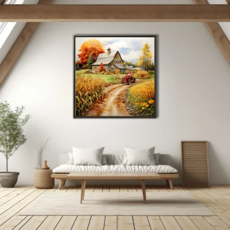 Watercolor-style autumn farm scene with barn, harvest cornfields, and golden foliage