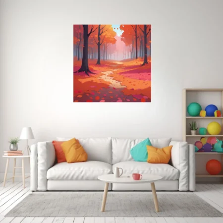 Stylized autumn forest path with orange and red falling leaves and misty light
