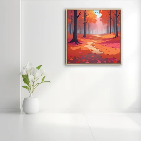 Stylized autumn forest path with orange and red falling leaves and misty light