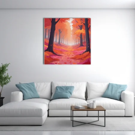 Stylized autumn forest path in vivid red, orange, and pink tones