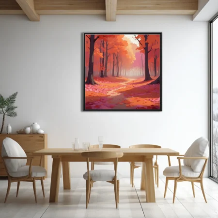 Stylized autumn forest path with red-orange foliage and misty haze