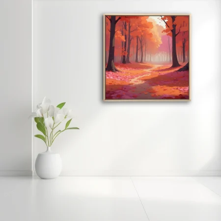 Stylized autumn forest path with red-orange foliage and misty haze