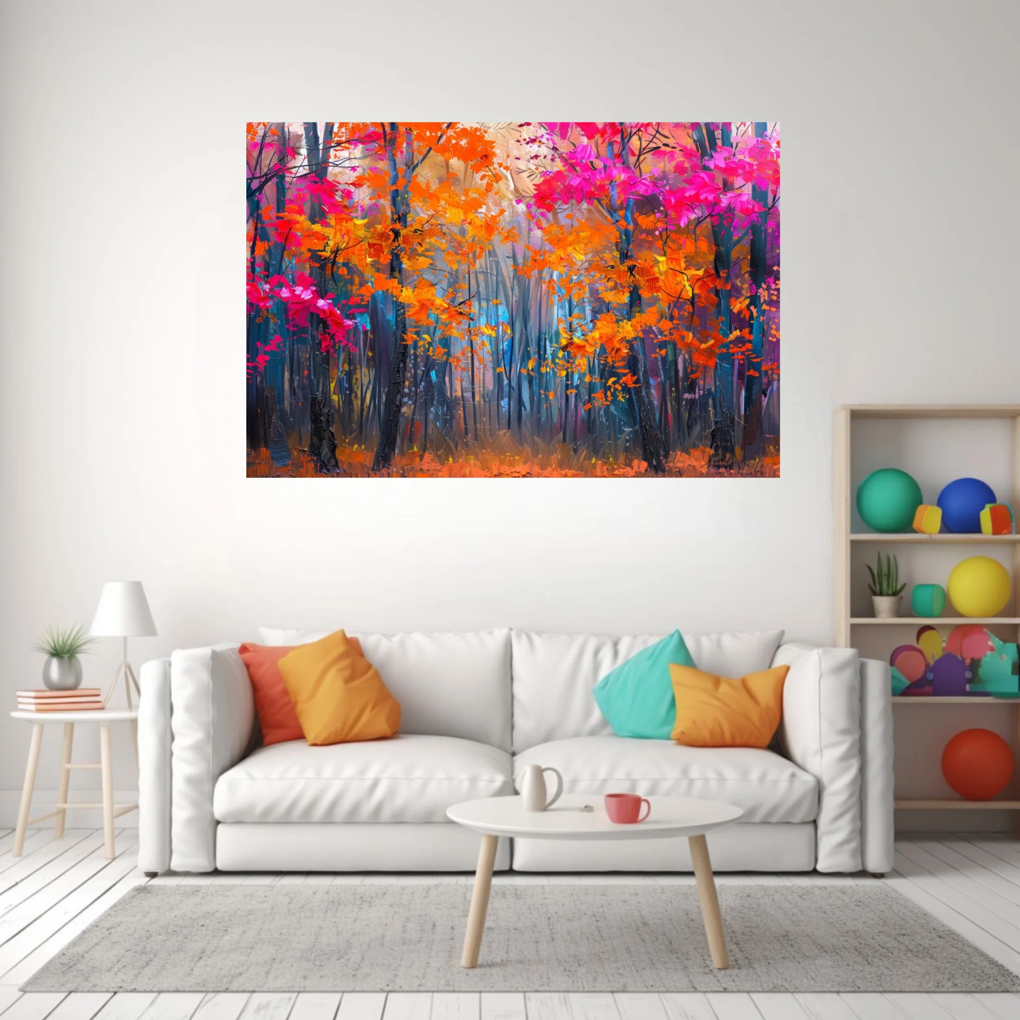 Vibrant autumn forest in magenta and orange foliage with dark trunks, bold woodland art